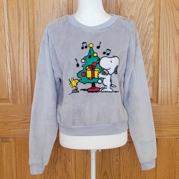 Peanuts Snoopy Woodstock Holiday Christmas Plush Velour Sweatshirt Sz M - Picture 2 of 9